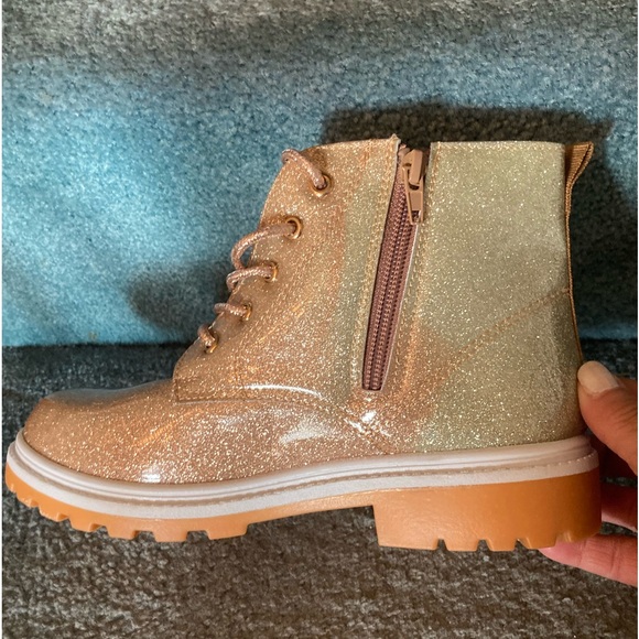 Beverly Hills Polo Club Gold Glitter Boots Lace Up Side Zip Sz 6 Pink Lining Fab - Picture 6 of 9